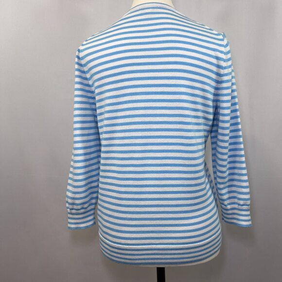 Talbots 3/4 sleeve cotton flamingo blue white stripe cardigan sweater women S - Picture 2 of 8